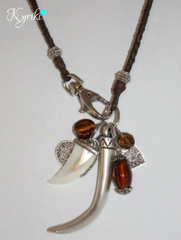 Horn & Tooth Charm with Brown Leather Thong & Silver Charms WM